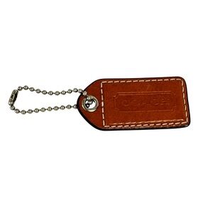 Coach Brown Leather hang tag attached to a silver-tone ball chain